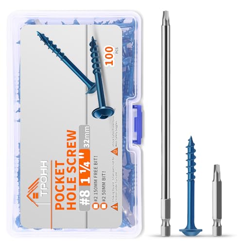 TPOHH #8 x 1-1/4" Blue Coated, Hardened Steel Pocket Hole Screws, No.8 x 1-1/4 Inch Square Drive Washer Head Wood Screw, 2 Inch & 6 Inch Bit Included, Partially Threaded Self Tapping, 100 PCS - size: #8 X 1-1/4 inch
