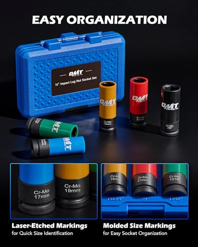 OMT 1/2" Drive Lug Nut Socket Set, Metric And SAE Wheel Socket Set, 5pc - size: 17 19 21 mm & 13/16 7/8 inch, style: Standard