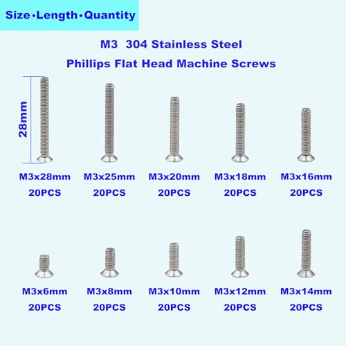 Metric M3 304 Stainless Steel Phillips Flat Head Screw Assortment Kit - size: M3