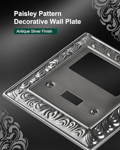 2-Pack Paisley Pattern Combo Toggle/Decorator Light Switch Cover Plate | Decorative Wall Outlet Cover Plate, Electrical Outlet Covers, Metal Wall Switch Plates and Outlet Covers, Antique Silver - color: Antique Silver, size: 1 Toggle/1 Decorator 2PK