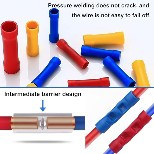 smseace 210 Pcs Butt Splice Connectors Kit 22-10AWG Butt Wire Connectors Assorted Butt Splice Crimp Connectors Wiring Straight Crimps Terminals for 22,20,18,16,14,12,10 Gauge Wires - size: 210Pcs