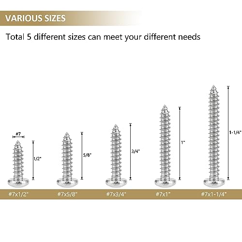 147 Pieces #7 x 1/2" 5/8" 3/4" 1" 1-1/4" Phillips Pan Head Self-Tapping Screws, Wood Screws Assortment Kit, 304 Stainless Steel - size: #7