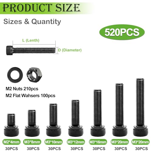 mxuteuk M2 Screws Assortment,M2 x 4/6/8/10/12/16/20mm Hex Socket Head Cap Screws Bolts Nuts Kit, 520PCS 12.9 Grade Alloy Steel Assorted Screws Small Metric Screws Suitable for 3D Printer DIY - size: 520PCS M2