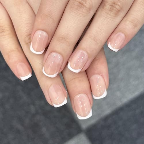 White French Tip Press On Nails, Extra Short Square Designer, Reusable Acrylic Fake Nails with Glue, Glossy Soft Gel Nails for Wedding and Party, Stick On Glue On Nails for Women - Gift - color: DZ020- Extra Short French, size: 24 Pieces (Pack of 1)