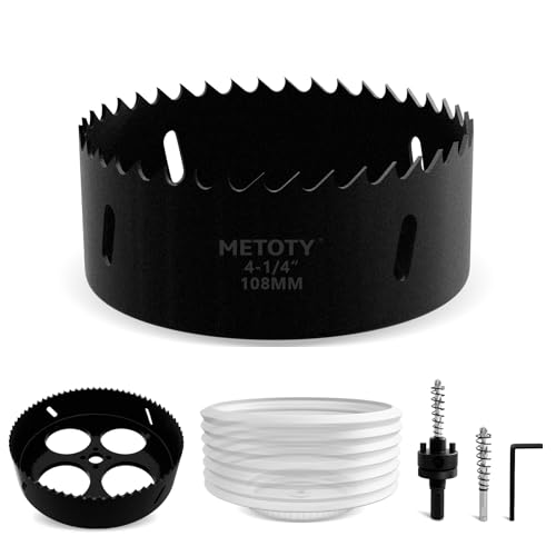 Bi-Metal Hole Saw 4-1/4 Inch with 4-Hole Hollow Center Design & Dust Bowl Catcher – 108mm Hole Cutter for Recessed LED Lights, Cuts Wood, Metal & Drywall, Ideal for Lighting Installation - size: 4-1/4" & BLK