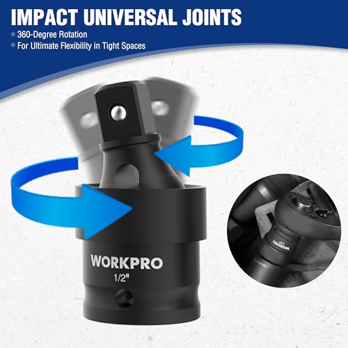 WORKPRO 1/2” Drive Impact Socket Set, 65PCS SAE(3/8”-1-1/4”) and Metric(10-24mm) Deep & Shallow Kit, Ratchet Handle, Extension Bar, Impact Universal Joint and Adapters for Automotive Repair - size: 65 PCS, Metric&SAE