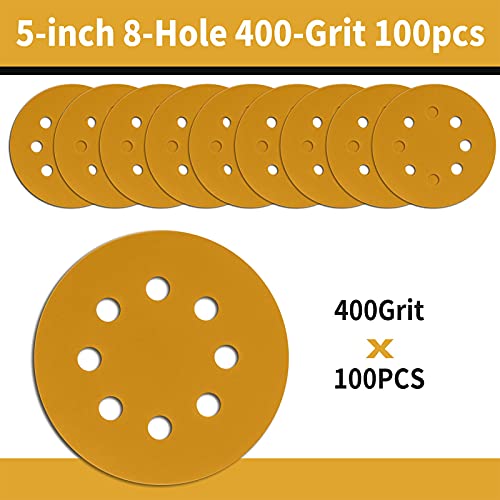 100 Pcs 5 Inch Sanding Discs Hook and Loop, 8 Hole Gold Premium 400 Grit Dustless Random Orbit Sandpaper for Woodworking or Automotive - style: 400 Grit-100 Discs