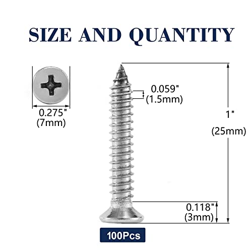 #7 x 1 Wood Screw 100Pcs 18-8 (304) Stainless Steel Screws Flat Head Phillips Fast Self Tapping Drywall Screws by SG TZH - size: #7 x 1"