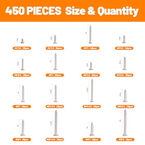 450-Piece Stainless Steel Wood & Sheet Metal Screw Assortment – #4 to #12 Phillips Flat Head Self-Tapping Screws (1/4" to 2") - size: 450PCS Silver