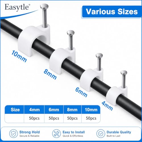 Cable Wire Clips 4mm 6mm 8mm 10mm (Pack of 200) Cable Management RG6 RG59 CAT5 CAT6 RJ45 Electrical Ethernet Dish TV Speaker Wire Cord Tie Holder Single Coaxial Nail Clamps - size: 200 Pcs