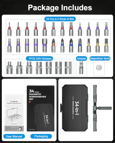 AMIR Ratchet Screwdriver Set, 34 in 1 Magnetic Screwdriver Set with 1/4" Socket Adapter, 24 Bits & 7 Hex Sockets, Modular Handle, DIY Tool Kit for Furniture, Appliance, Auto Repair