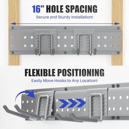 Garage Tool Organizer Wall Mount 49.5 inches with 10 Adjustable Heavy-Duty Hooks, Garage Organization, Garden Tool Storage Rack, Yard, and Shed, Holds Up to 400 lbs (Grey) - size: 49.5" | 3 Panels + 10 Hooks