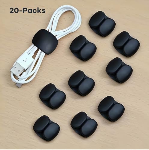 20-Pack Cable Storage and Organizer Clips – Versatile Wire & Charging Cable Management for Travel, Desk, and Home – Secure and Tidy Data Cable Holders – Black - color: Black