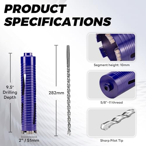 2" Core Drill Bit with Pilot Bit & Adapters(SDS Plus and 1/2" Hex), 5/8"-11 Thread, 9.5" Depth, Upgraded-Welded Segments Diamond Core Bits for Concrete, Masonry, Brick Block - size: 2 in
