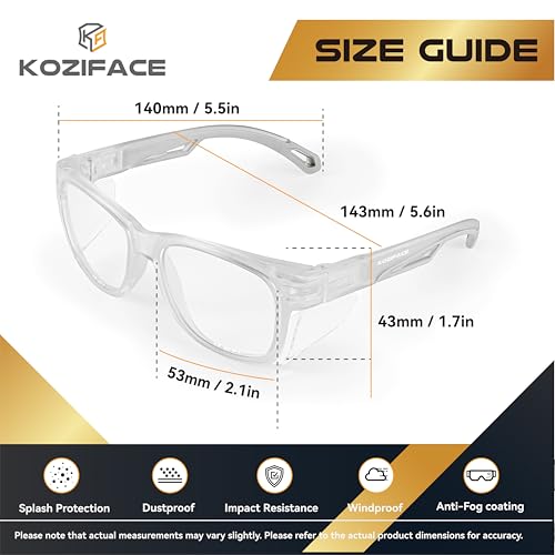 KOZIFACE E52 Anti-Fog Safety Glasses, ANSI Z87.1 Eye Protection with Side Shields, Clear Lens, Lightweight for Work, Lab DIY - color: Clear White