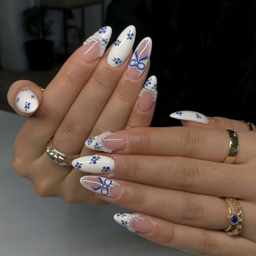 LPOODDNU Blue White Press on Nails Almond - Medium Blueberry Lace French Pearl Design Fake Nails, Glossy Finished Reusable False Nails with Adhesive Glue Tabs - 24Pcs Nail Kit for Women Manicure - color: blue white blueberry