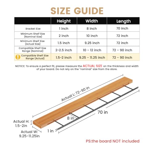 2pcs Floating Shelf Bracket Heavy Duty,Decorative Floating Shelf Hardware Hidden Black Metal Fireplace Mantel Brackets (70"X8"X1.0" Installation Tools) - size: 70X8X1.0 inch