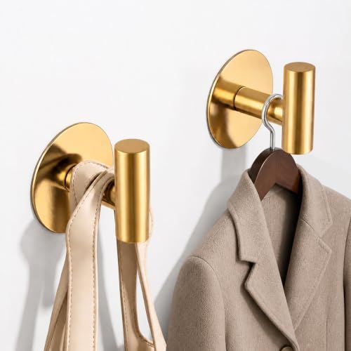 Gold Stainless Steel Wall Hooks, Heavy Duty Self-Adhesive Hooks for Coats, Towels, Robes, Hats, Aprons – No Drill Bathroom, Kitchen, Hotel (2 Pack) - color: Gold, size: Adhesive "T" Shape- 2 Pack
