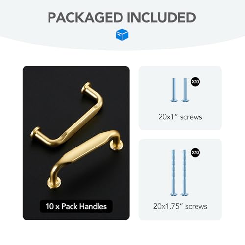 HOME EDIT Brushed Gold Solid Cabinet Handles & Pulls 3 Inch 10 Pack - color: Brushed Gold, size: 3 inches Hole Center