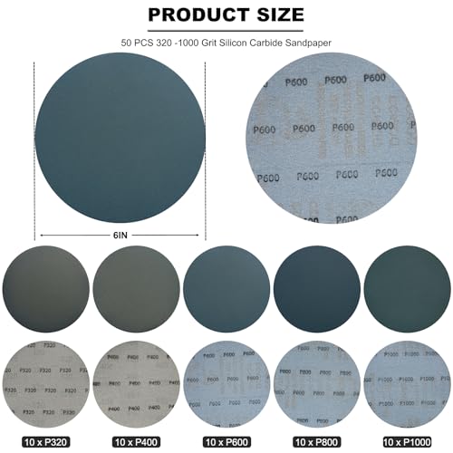 50 PCS 6 Inch Silicon Carbide Wet Dry Hook and Loop Sanding Discs- 320,400, 600, 800, 1000 Assorted Grit Waterproof Sandpaper for Automotive Wood Metal Polishing & Sanding - style: Coarse Grit