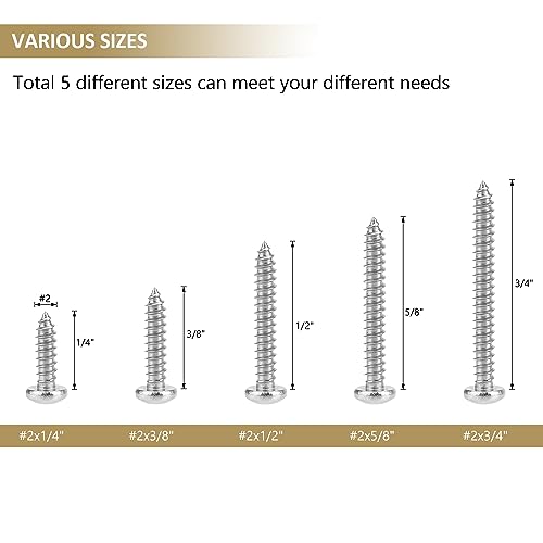 252 Pieces #2 x 1/4" 3/8" 1/2" 5/8" 3/4" Phillips Pan Head Self-Tapping Screws, Wood Screws Assortment Kit, 304 Stainless Steel - size: #2