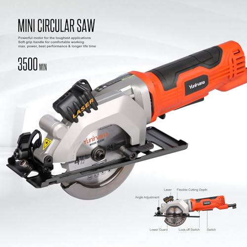 Yunirvana 4Amp 3500RPM Mini Circular Saw with Laser Guide, Vacuum Adapter, Blade Wrench and Rip Guide, Max. Cutting Depth1-5/8"(90°), 1-1/10"(45°）Compact Saw with 2 pcs 4-1/2" 24T TCT Blades - style: 4A Circular Saw