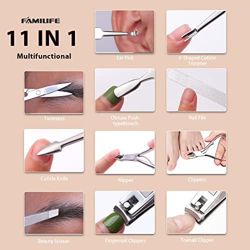 FAMILIFE Stainless Steel Manicure Set 11-in-1 Professional Nail Clipper Kit | Portable Leather Travel Case, Pedicure & Grooming Tools for Fingernails & Toenails, Luxury Gifts for Men & Women, Rose Gold - color: Gold