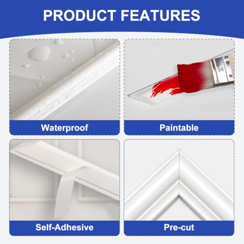 COUKIU Peel and Stick Wall Molding Kit, 6-Frame Pre-Cut Wainscoting Panels, Ready-to-Assemble Self Adhesive Wall Moulding Trim, Paintable Accent Frames for Interior Wall Decor (60" x 48", 60" x 24")