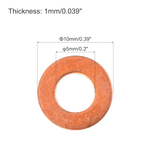 MECCANIXITY 52 Pcs Flat Copper Washers, 5x10x1mm Copper Upgraded Flat Metric Sealing Crush Ring Washers for Hydraulic Fittings Screw Bolt Nut Electronic Repair - size: 5x10x1mm