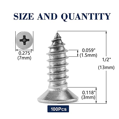 #7 x 1/2" Wood Screw 100Pcs 18-8 (304) Stainless Steel Screws Flat Head Phillips Fast Self Tapping Drywall Screws by SG TZH - size: #7 x 1/2"