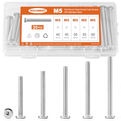M5 x 40mm 45mm 50mm 55mm 60mm Flat Round Head Hex Socket Cap Screws Bolts, Furniture Screws, 304 Stainless Steel, Allen Hex Drive, Metric Fully Threaded, Bright Finish, Assortment Kit 30PCS - size: M5 x 40/45/50/55/60mm (30PCS)