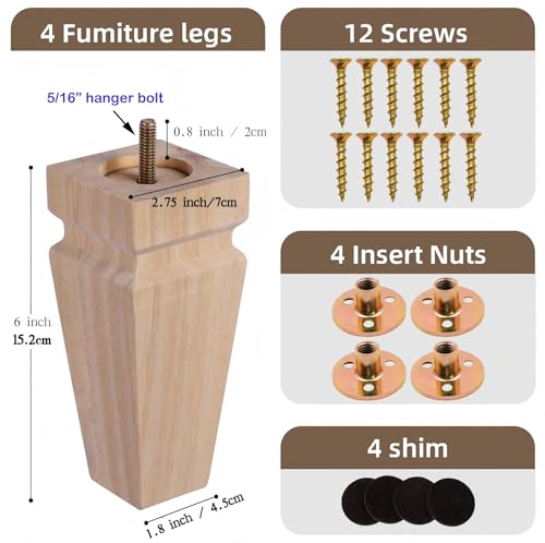 Unfinished Oak Sofa Legs - Heavy Duty Mid Century Solid Wood Replacement Furniture Legs Set of 4 for Couch, Table, Bench, Bed, Dresser, Chair - with Installation Hardware (Natural 6"H*2.75"W) - color: Plain Wood Color, size: 6"H*2.75"W