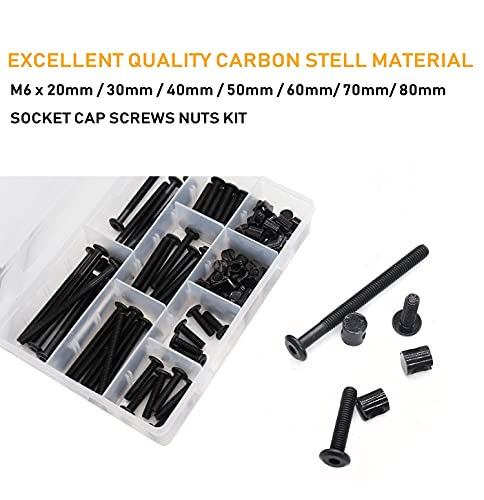 M6 Crib Screws Hardware Kit, Black Flat Furniture Connector Bolt with Barrel Nuts for Bed Frames,20mm - 80mm(5 Sizes), Pack of 100
