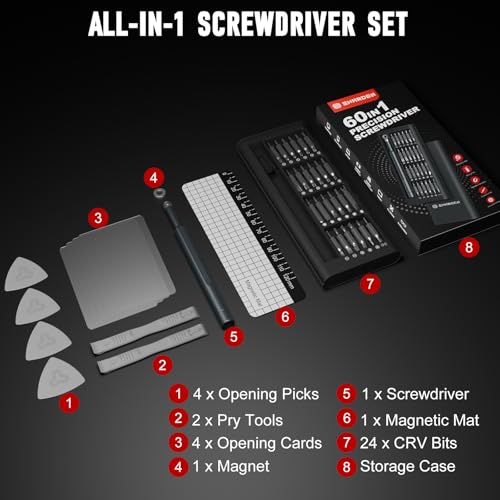 SHARDEN Precision Screwdriver Set for Electronic Repair 60 in 1 | Small Screwdriver Set, Magnetic Repair Tool Kit for Laptop, iPhone, Cell Phone, PC, MacBook, Computer, PS5, Glasses, Watch - color: 60 in 1 Black