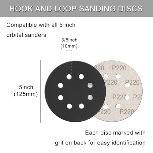 100Pcs 5 Inch Sanding Discs Hook & Loop 8-Hole Wet Dry Sandpaper 220 Grit - style: 100Pcs 220 Grit