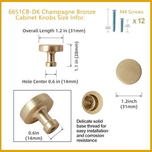 Goo-Ki 6 Pack Champagne Bronze Drawer Knobs Zinc Alloy Cabinet Hardware - Modern Simple Bar Cabinet Knobs Single Hole/Screw Kitchen Cabinet Pulls Solid Dresser Handles - color: Champagne Bronze, size: 1.2 Inches