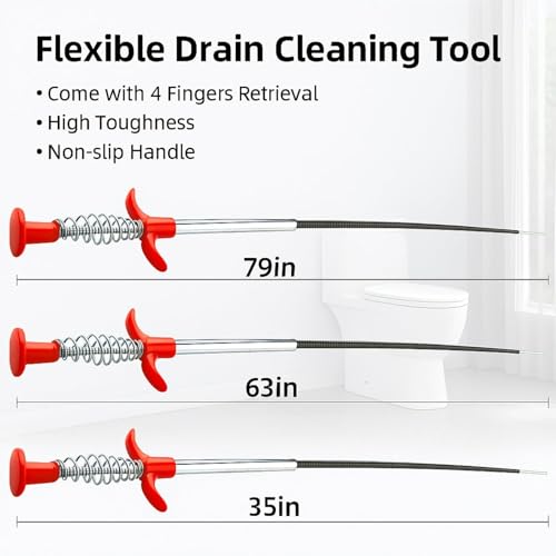 Drain Snake, Drain Cleaner & Hair Clog Remover Tool – Flexible Plumbing Snake for Toilet, Sink, Shower, Bathtub – Heavy Duty Manual Drain Auger with Grabber (35inches, 63inches, 79inches)