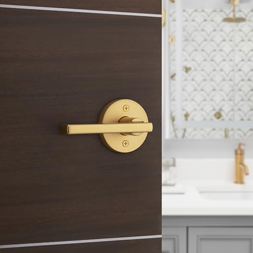 Kwikset 730HFLRDT-4 Halifax Lever with Round Rose Privacy Door Lock with 6AL Latch and RCS Strike Satin Brass Finish - color: Satin Brass, size: 1 Pack