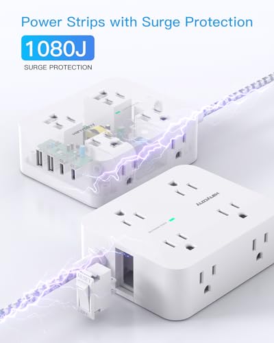 PD 30W USB C Power Strip Surge Protector 6Ft, 1080J Desk Charging Station - color: White&Gray, size: 6ft