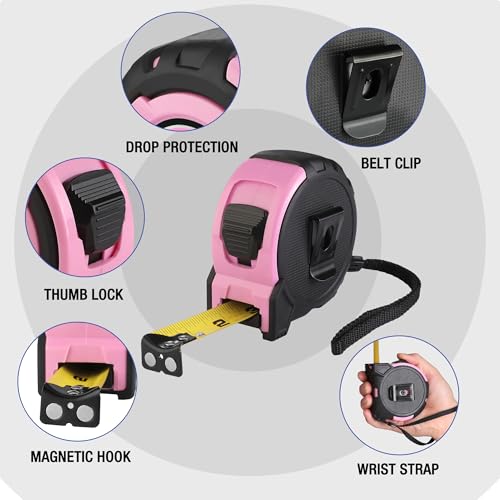 WORKPRO 16FT Pink Tape Measure, 1/8 Fractions Easy Read Measuring Tape - color: Pink, size: 16FT