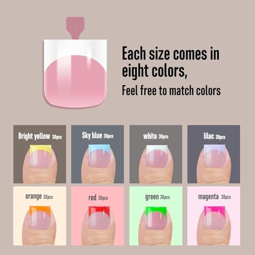 NOVO OVO French Tip Toe Nail Tips 8 MIXED SUMMER COLOR, Sharp Square Soft Gel False Toenail Extension, Need Builder Gel & Top Coat, no Glue Included, Full Cover Acrylic for DIY x 15 Sizes 240 pcs - color: Sharp Square French Tip 8 Summer Colors
