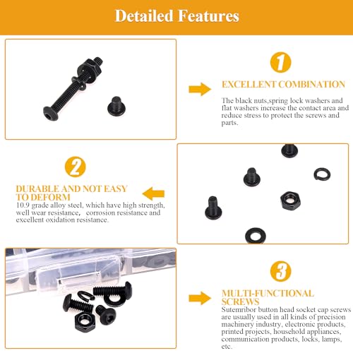 705 Pieces M2.5 Screws Nuts Washers Set Black, Sutemribor M2.5 x 4/6/8/10/12/16/20mm Button Head Socket Cap Screws Nuts Washers Assortment Kit, 10.9 Grade Alloy Steel, Fully Threaded - size: M2.5 x 4/6/8/10/12/16/20mm Kit, style: Button Head