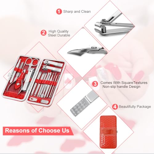 18 Pieces Manicure Set for Women,Nail Clipper Grooming Kit (Red) - color: Red