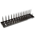 OEMTOOLS 22209 3/8" Metric Socket Organizer, 3/8 Socket Organizer for Deep and Shallow Sockets, Labeled Posts, Dual Rail, Holds 6 mm to 20 mm - size: 3/8"