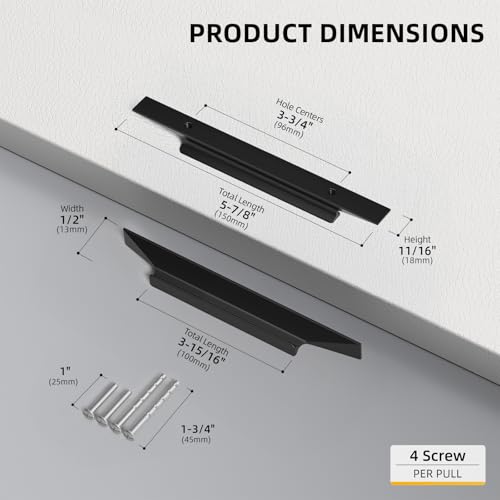 Goldenwarm 10 Pack Black Cabinet Handles, 3-3/4" Hole Center Finger Pulls - color: Black, size: 3-3/4in Hole Centers