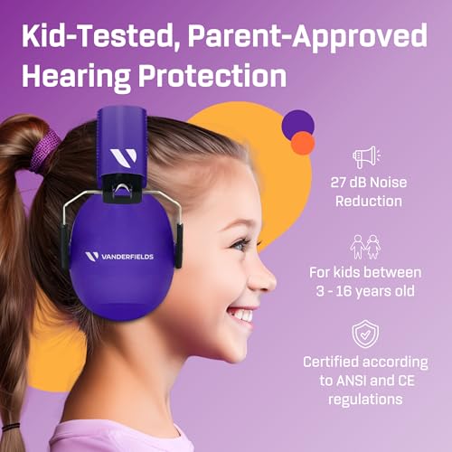 Kids Noise Canceling Headphones - 33 dB (2K Hz) - Ear Protection Earmuffs | Vanderfields' earmuffs protect child's hearing with certified noise-cancellation, soft ear cushions, and adjustable headband - color: Purple