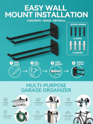HJW 4 Pack Metal Wall Mount Garage Double Storage Hooks