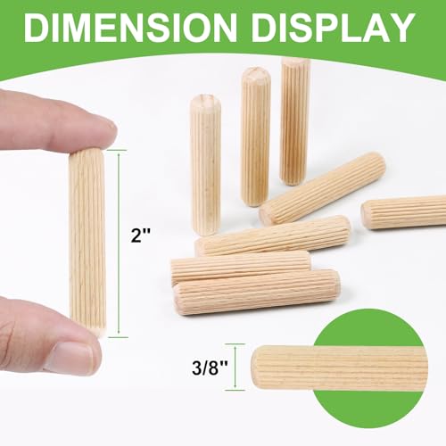 3/8" x 2" Wooden Dowel Pins, FoDau770 Fluted Wood Dowel Rods, Natural Beech Wood Dowel Pegs for Crafts, Woodworking, DIY Furniture - 200 Pieces - size: 3/8" x 2"