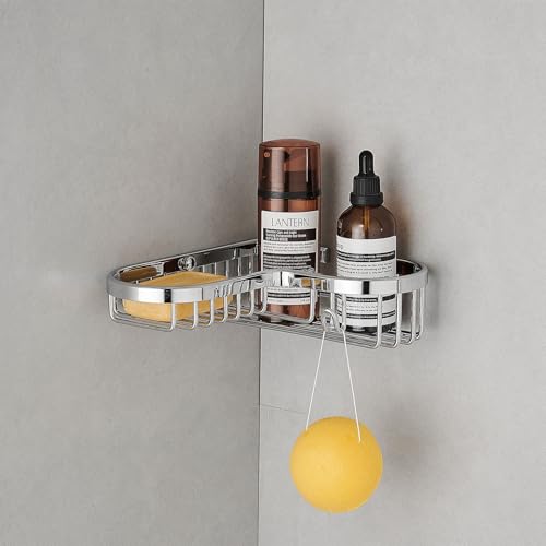 Chrome Shower Caddy Basket, Corner Soap Dish, Solid Brass Wire Basket Shelf for Inside Shower, Wall Mounted Bathroom Soap Holder in Polished Chrome - color: Chrome with Hook