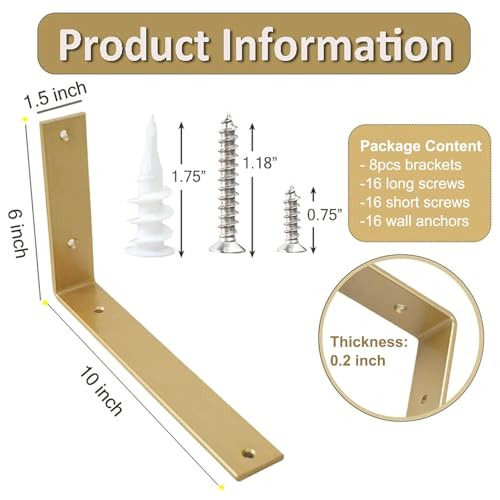Shelf Brackets 10 Inch Wall L Brackets 8PCS Heavy Duty for Shelves Metal Gold Rustic Industrial Brackets for DIY Opening Shelves Project Hardware Included - size: 10 Inch, style: Gold-8 Pack